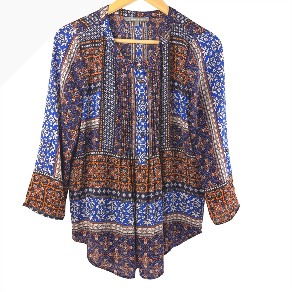 Daniel Rainn Boho Peasant Blouse Womens Small Blue Floral Tunic Top